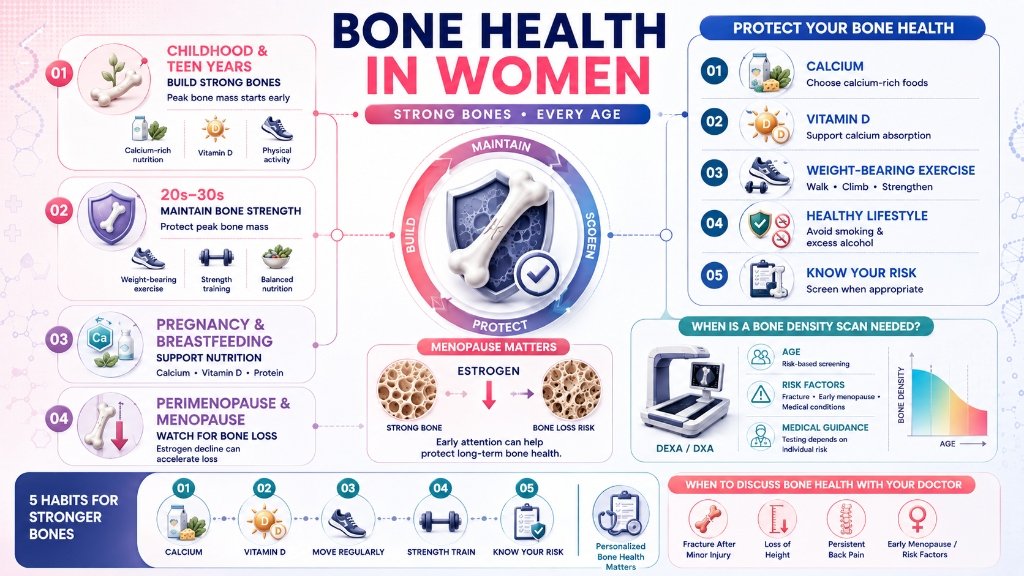 Bone health in women guide and osteoporosis prevention infographic at Medfemme Women's Clinic Kanpur.